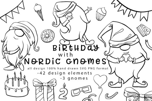 Birthday with Nordic Gnomes 100 Hand-drawn