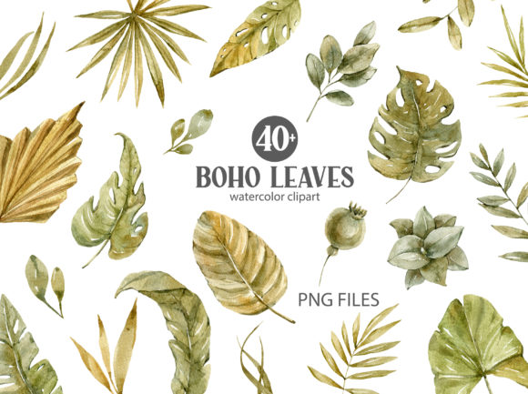 Watercolor Boho Tropical Leaves Clipart