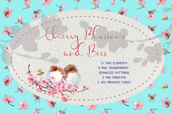 Watercolor Cherry Blossoms and Bees: A Versatile Digital Art Collection